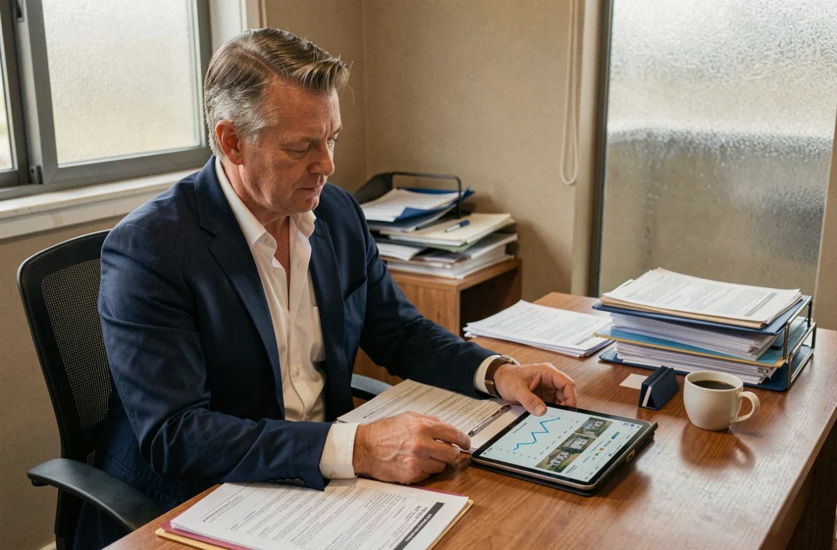 Agent immobilier analysant des dossiers de vente immobilière difficile dans son bureau