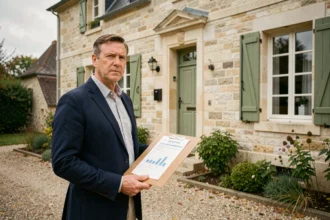 Agent immobilier tenant des documents de DPE devant une maison en pierre traditionnelle française