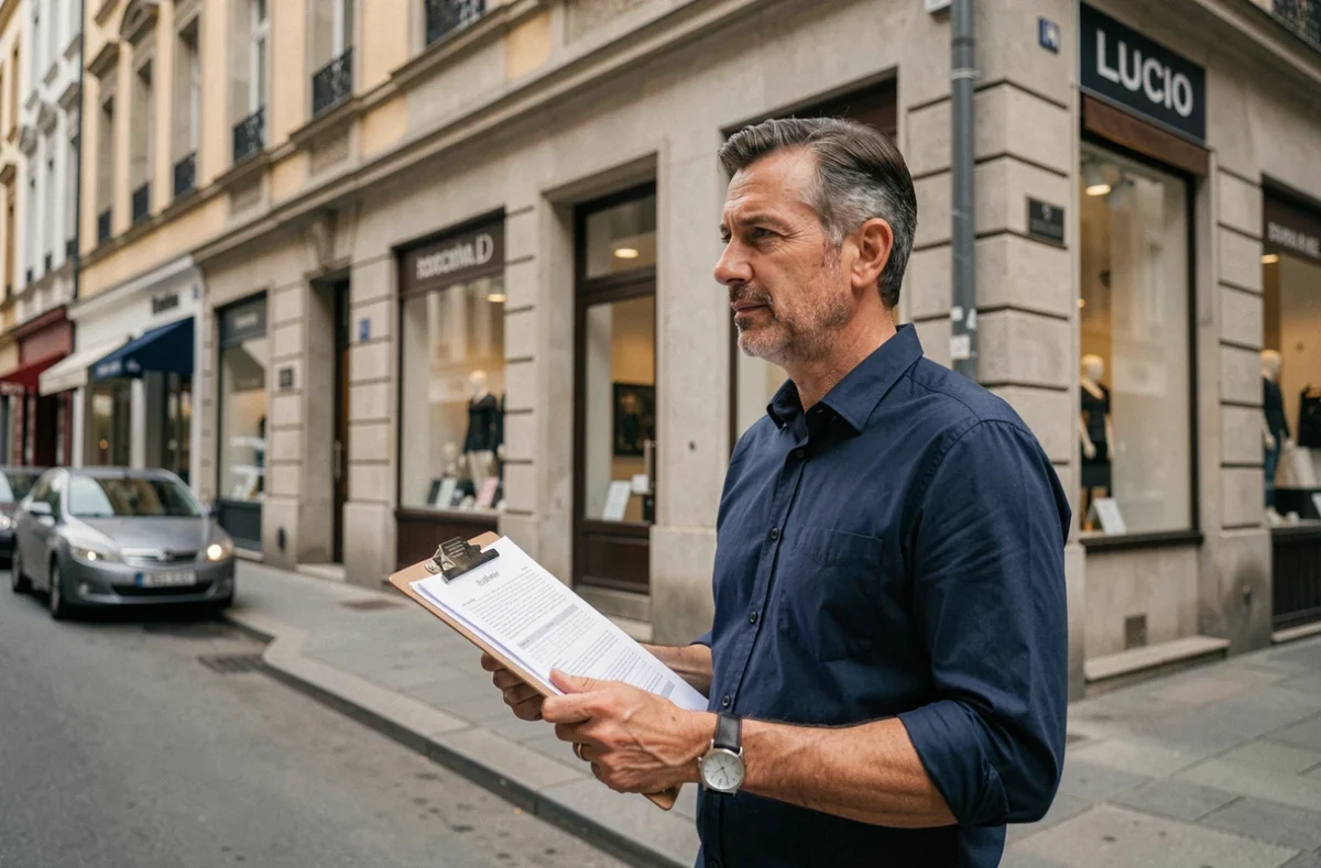 Agent immobilier évaluant le prix d'un loyer devant un immeuble résidentiel en ville