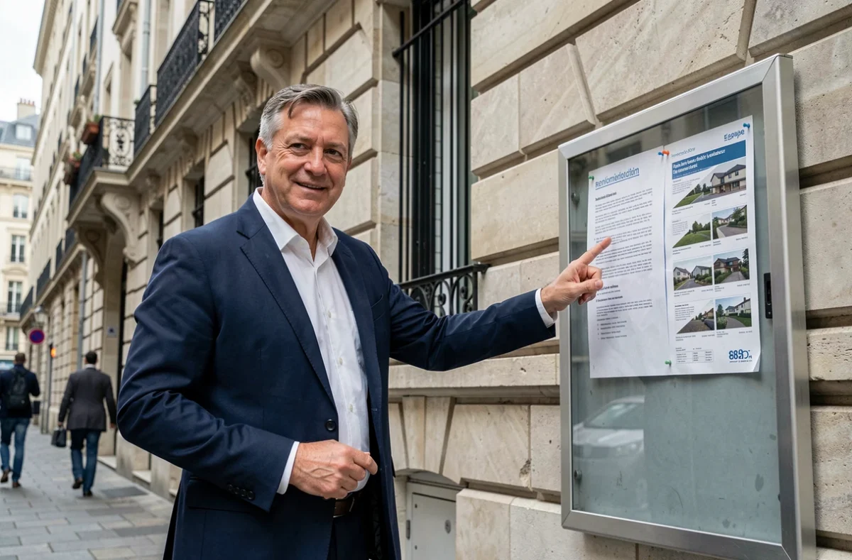 Agent immobilier devant un immeuble haussmannien présentant une annonce de loyer, contexte de la hausse des loyers 2026