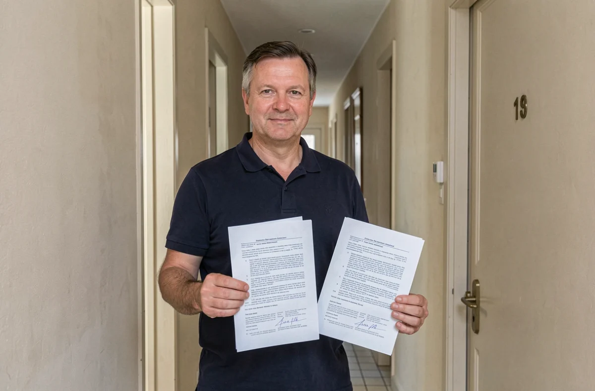 Agent immobilier remettant l'original de l'état des lieux à un locataire dans un couloir d'immeuble