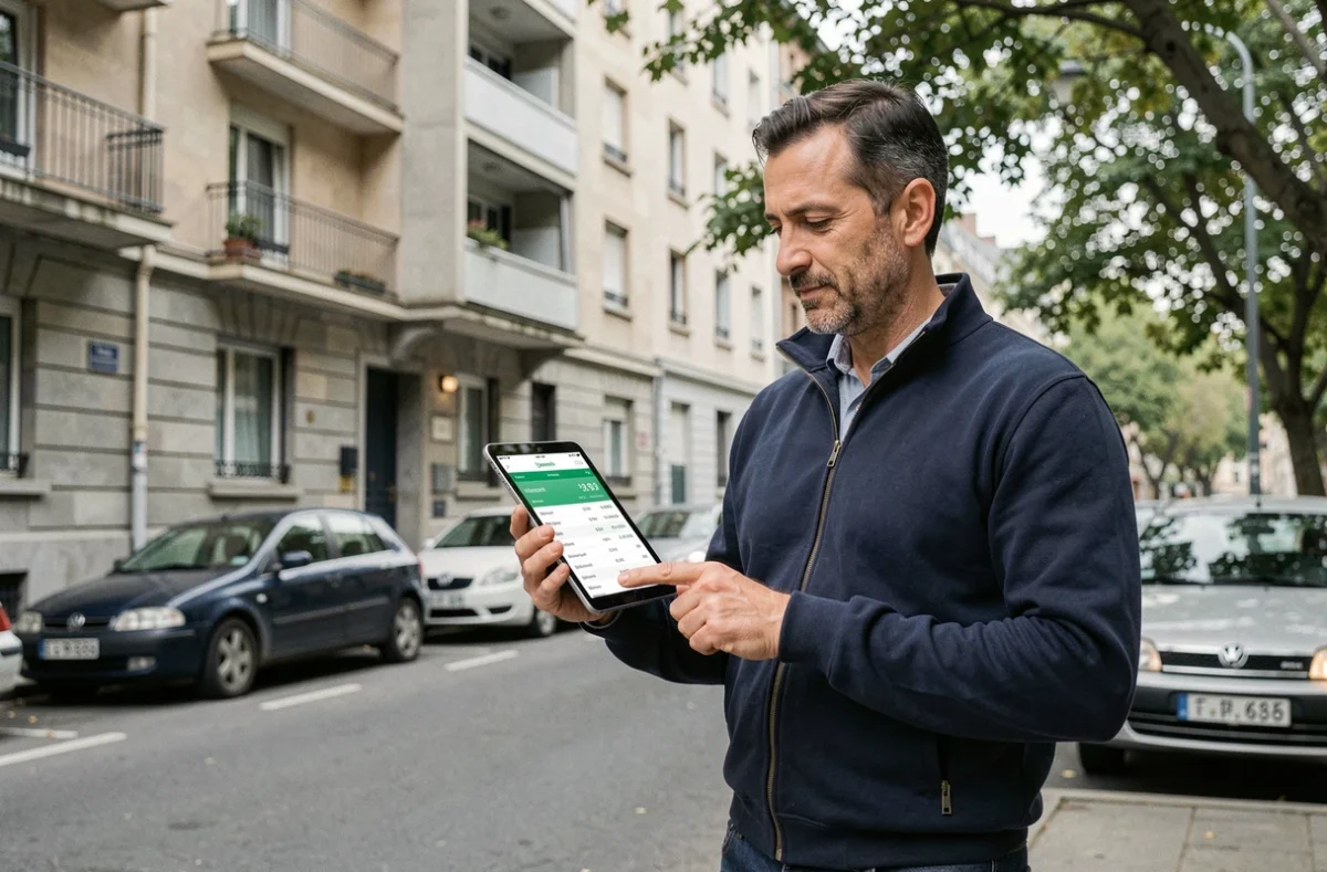 Agent immobilier consultant un tableau de prix au mètre carré devant un immeuble résidentiel