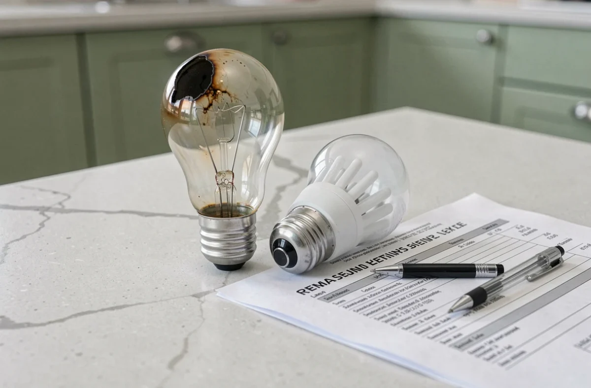 Ampoule usagée et ampoule LED neuve posées sur un plan de travail avec un contrat de location dans un appartement meublé