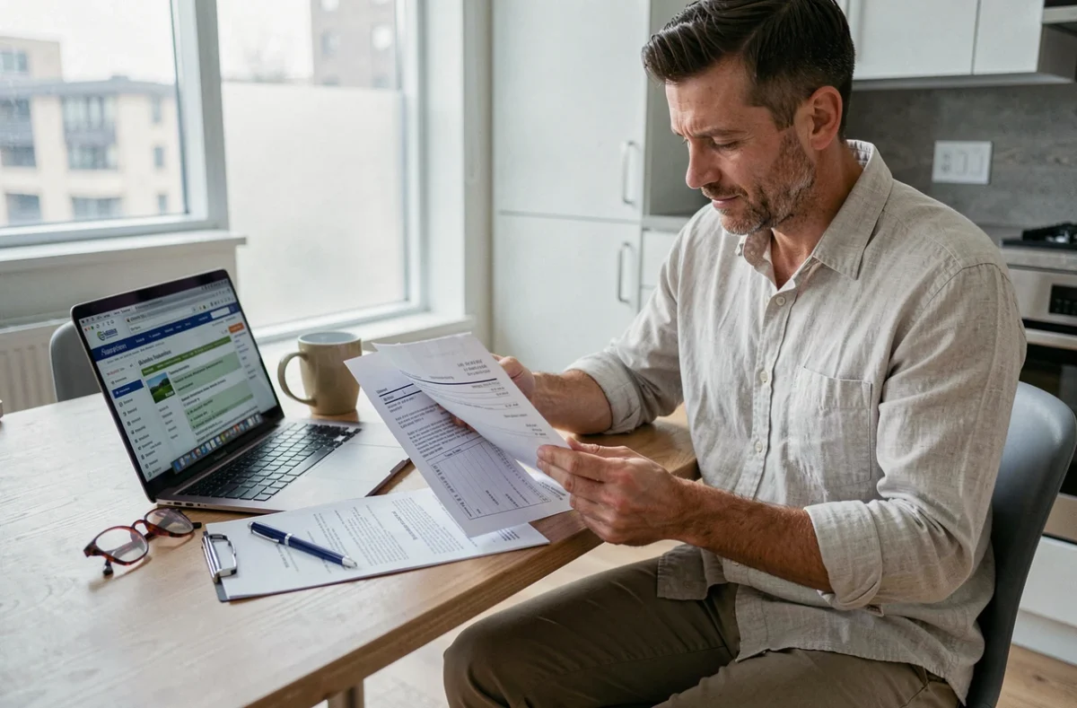 Propriétaire analysant les conditions fiscales du dispositif Pinel avec des documents officiels sur une table