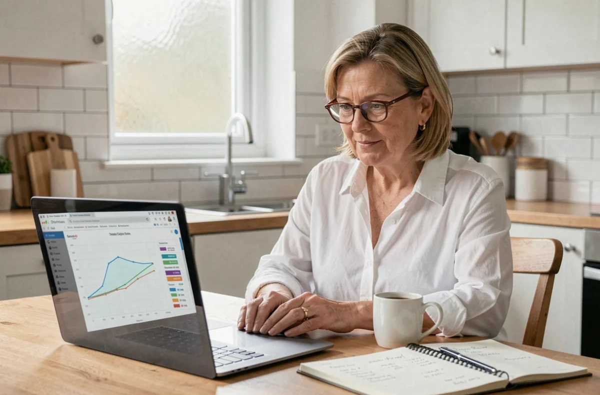 Femme analysant l'évolution des prix immobiliers sur un graphique avant de décider de revendre après 5 ans
