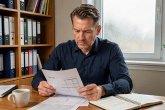 Homme analysant des documents financiers à son bureau à domicile, illustrant la réflexion sur un rendement d'investissement de 5%