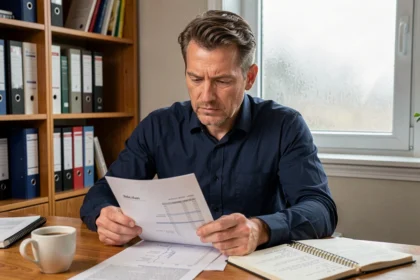 Homme analysant des documents financiers à son bureau à domicile, illustrant la réflexion sur un rendement d'investissement de 5%