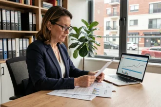 Femme professionnelle analysant des documents de rentabilité locative dans un bureau moderne