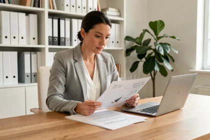 Femme agent immobilier analysant des documents de tarif au mètre carré dans un bureau moderne