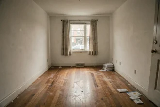 Appartement vacant et vide avec parquet poussiéreux et murs nus illustrant la taxe sur les logements vacants
