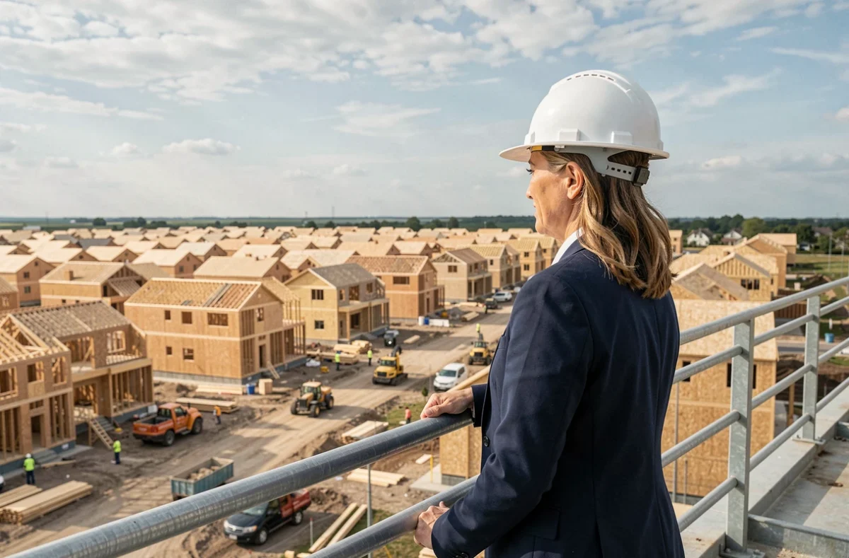 Architecte féminine en casque de sécurité observant un vaste chantier de logements pavillonnaires en cours de construction en banlieue