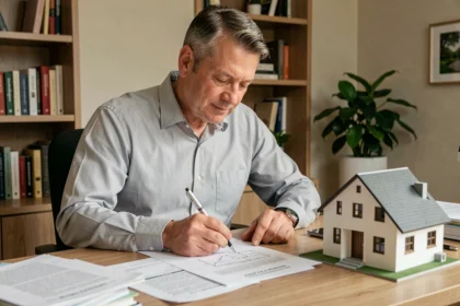 Homme consultant des documents immobiliers à son bureau avant de revendre sa maison après 5 ans