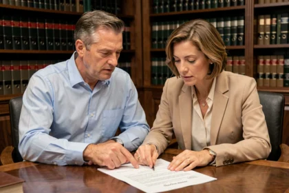 Deux copropriétaires en indivision signent des documents juridiques chez un notaire pour gérer un bien immobilier commun