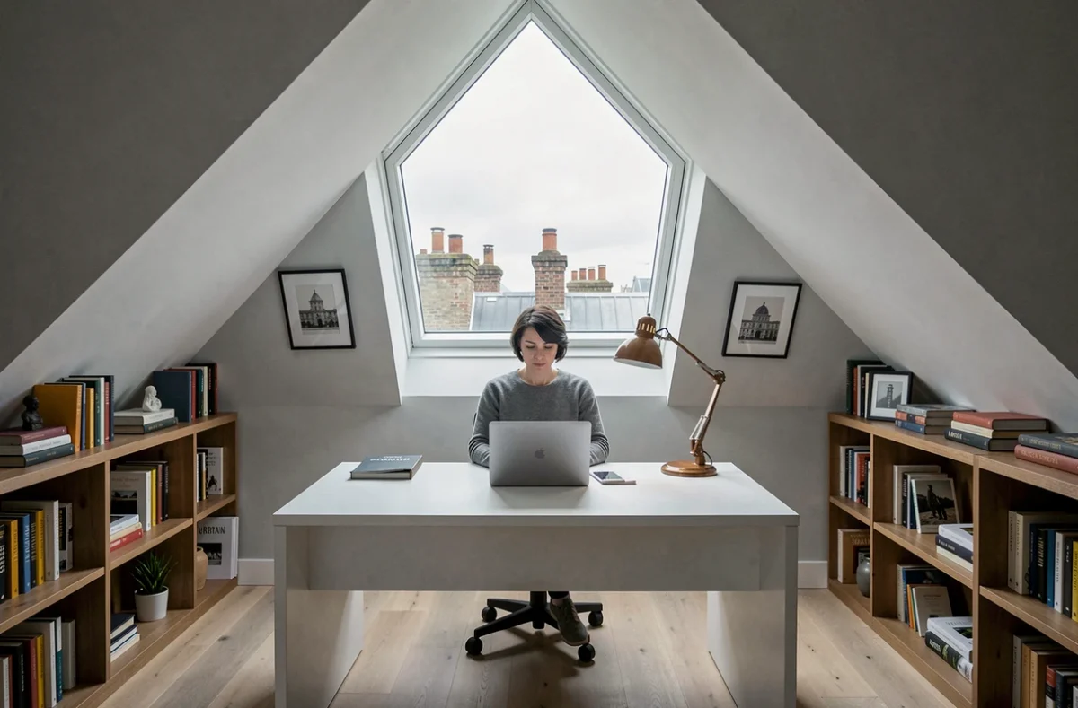 Bureau aménagé dans les combles avec fenêtre de toit Velux dans un appartement parisien moderne