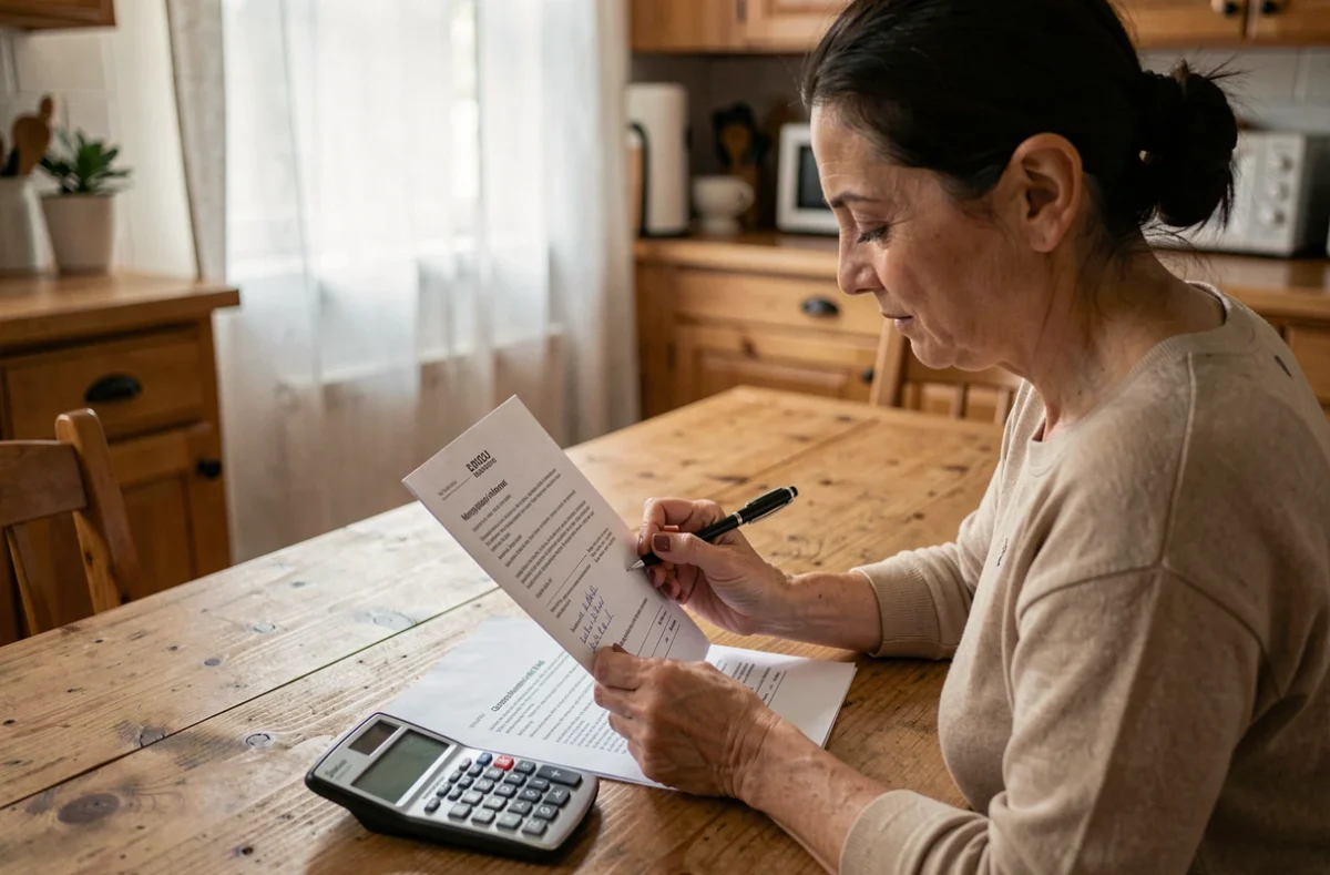 Une femme analyse son contrat de prêt immobilier à domicile en calculant les frais de remboursement anticipé