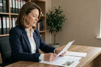 Femme consultant des documents de calcul de plus-value immobilière dans un bureau à domicile