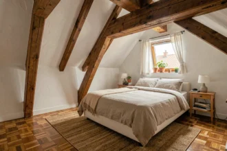 Chambre aménagée sous les combles avec poutres apparentes et fenêtre de toit dans une maison française
