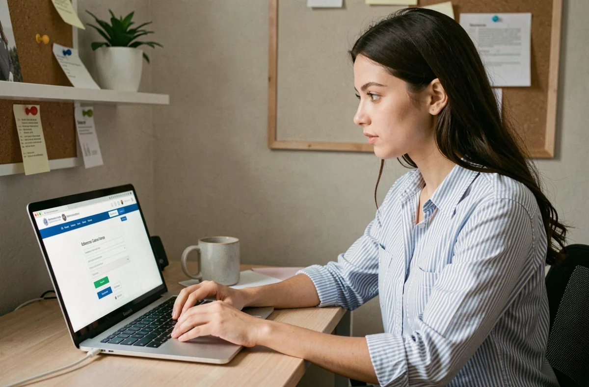 Jeune femme effectuant un changement d'adresse en ligne sur un site administratif depuis son bureau à domicile