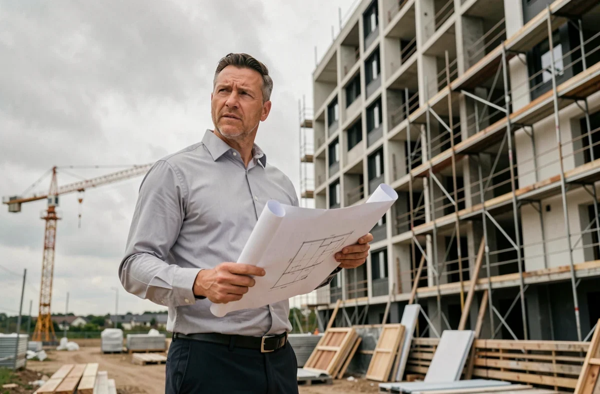 Homme consultant un plan architectural devant un chantier d'immeuble neuf en VEFA