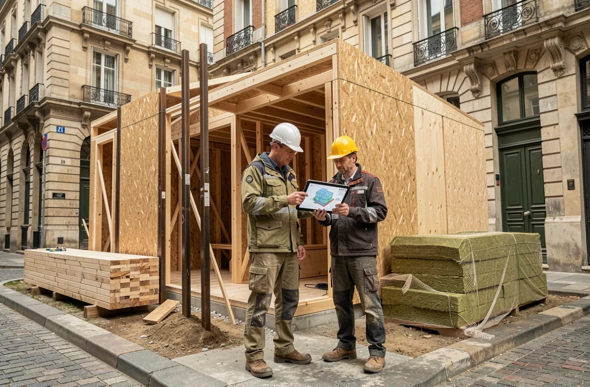 Architecte et ingénieur sur un chantier de maison en bois lamellé-croisé en milieu urbain, tendances construction 2026