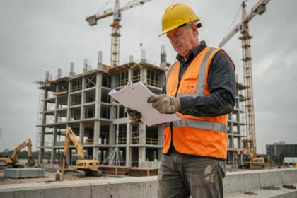 Chef de chantier en gilet haute visibilité consultant des plans sur un site de construction urbain avec grues et béton en arrière-plan