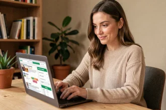 Femme cherchant des annonces en ligne sur un ordinateur portable dans un bureau à domicile