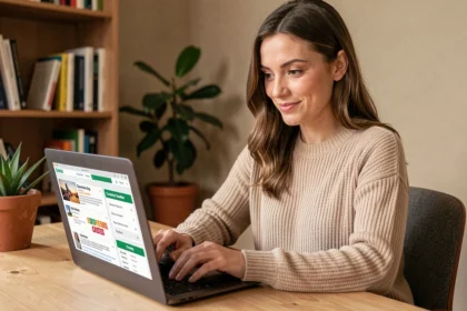 Femme cherchant des annonces en ligne sur un ordinateur portable dans un bureau à domicile