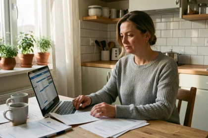 Femme comparant des devis d'assurance habitation sur un ordinateur portable à la cuisine