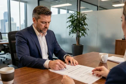 Conseiller financier expliquant les particularités d'un prêt in fine à un client dans un bureau bancaire moderne
