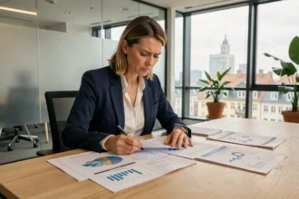 Conseillère financière analysant des documents de SCPI dans un bureau moderne avec vue sur la ville