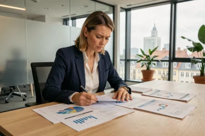 Conseillère financière analysant des documents de SCPI dans un bureau moderne avec vue sur la ville