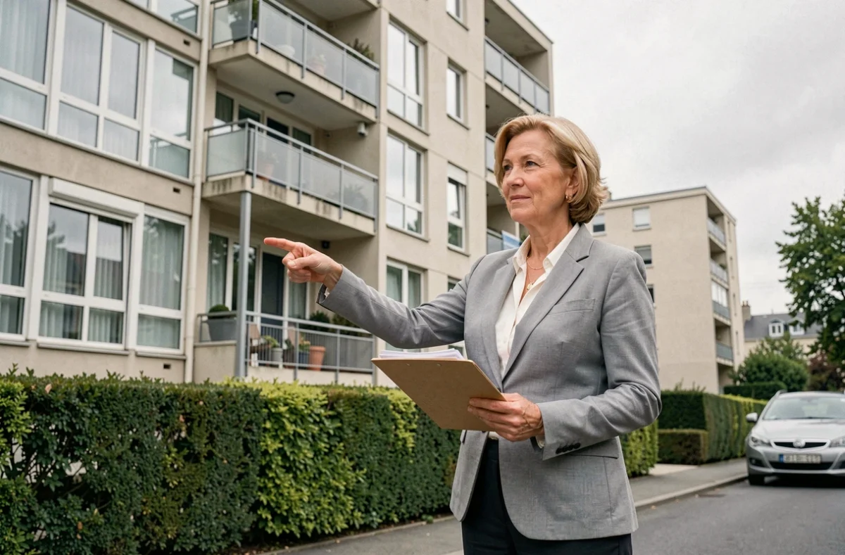 Conseillère immobilière devant un immeuble résidentiel Duflot en périphérie urbaine française tenant des documents de vente