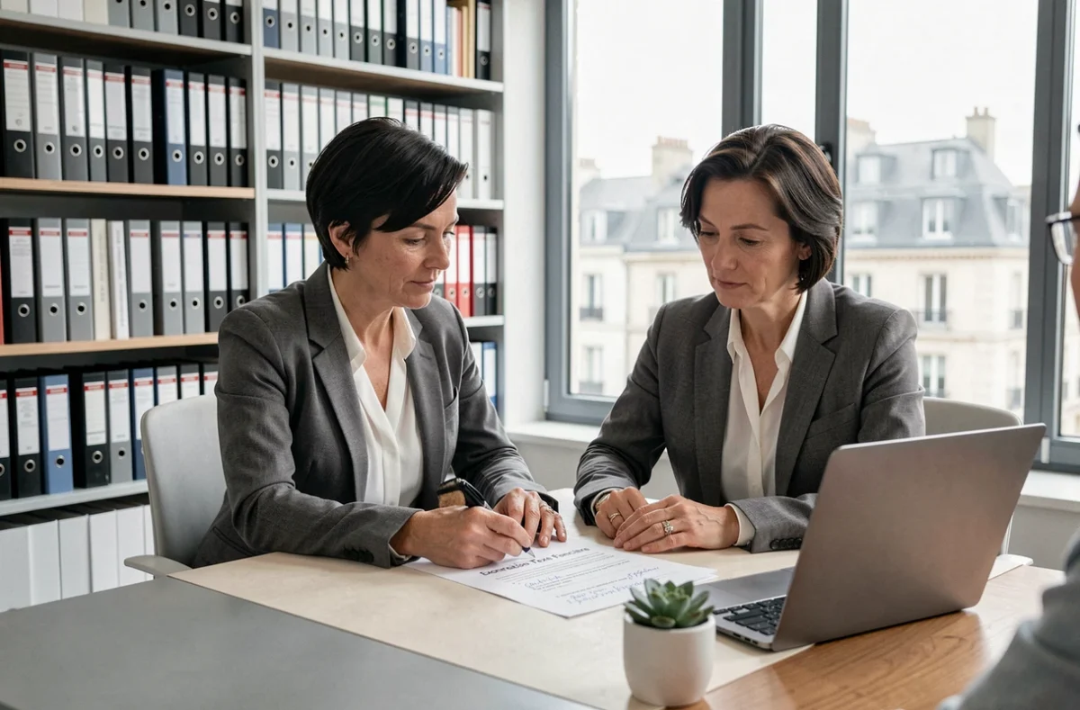 Femme consultant un conseiller fiscal sur les options d'exonération de taxe foncière dans un bureau moderne