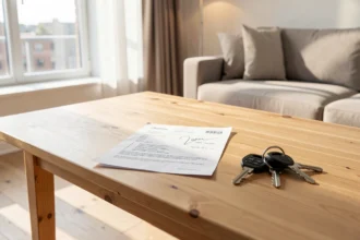 Contrat de bail et clés posés sur une table dans un salon lumineux