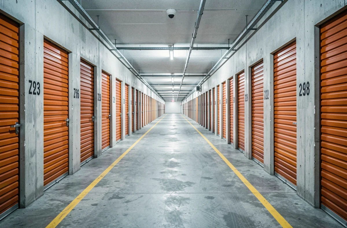 Couloir d'un garde-meuble avec rangées de portes métalliques orange en perspective