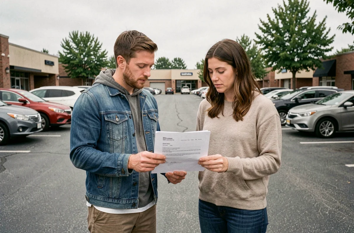 Couple consultant les documents d'achat d'une place de parking en plein air avec les frais de notaire mentionnés