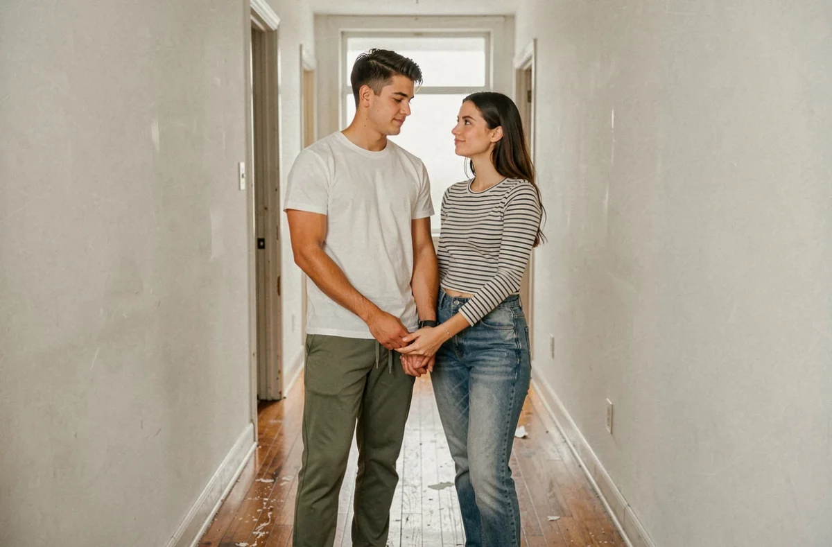 Couple regardant une dernière fois leur appartement vide avant de déménager loin