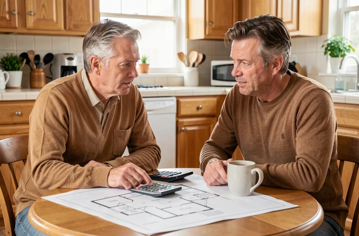 Couple discutant de la rentabilité locative d'un bien immobilier autour d'un plan de logement