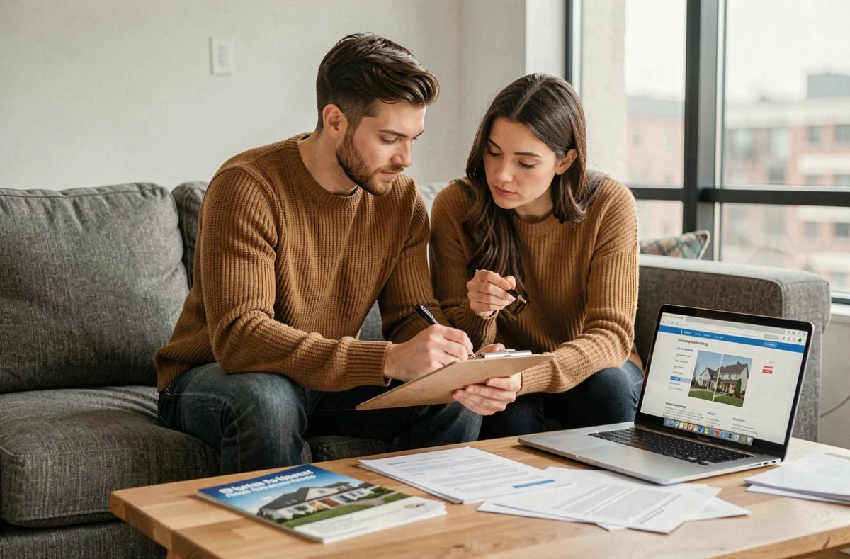 Couple examinant les documents nécessaires pour souscrire une assurance habitation dans leur salon