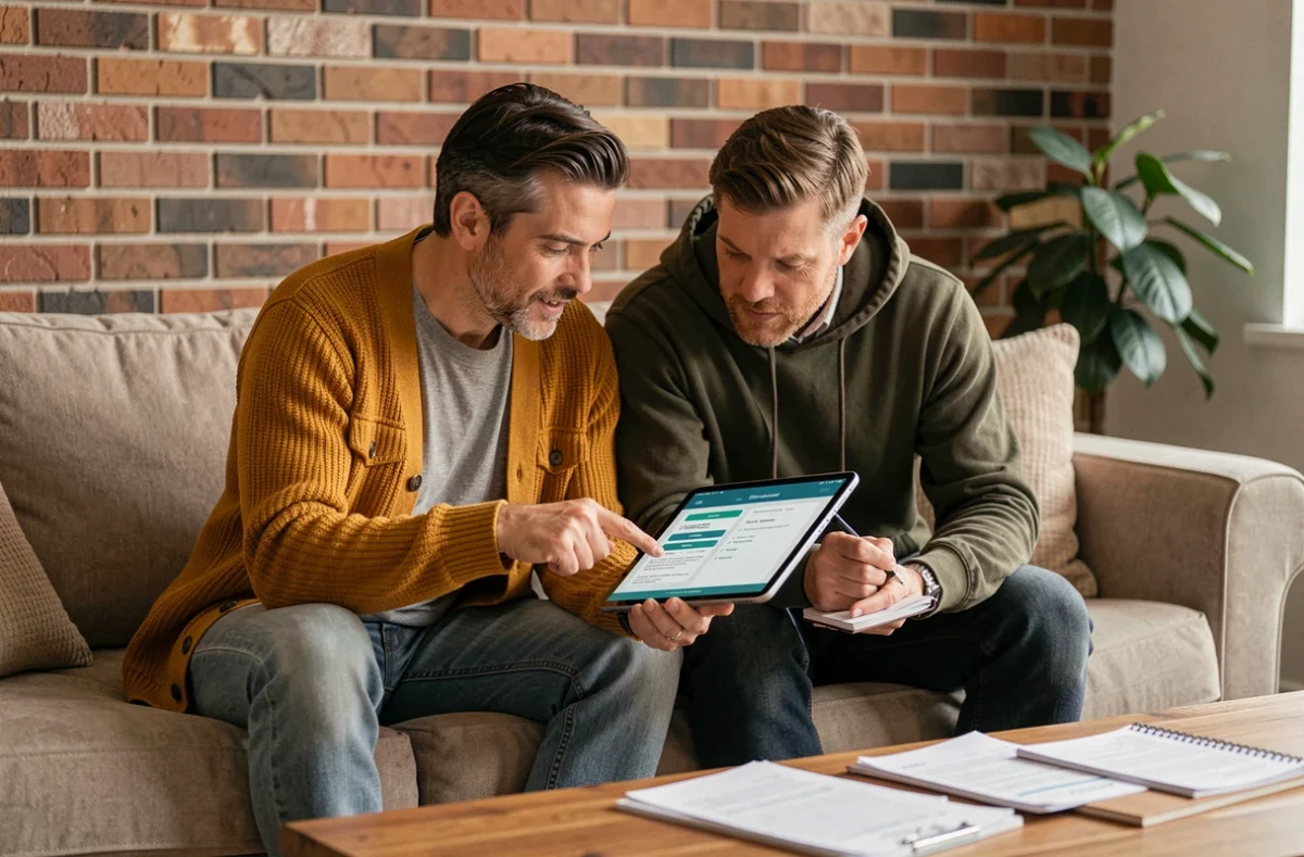 Couple comparant les offres d'assurance habitation sur une tablette dans leur salon