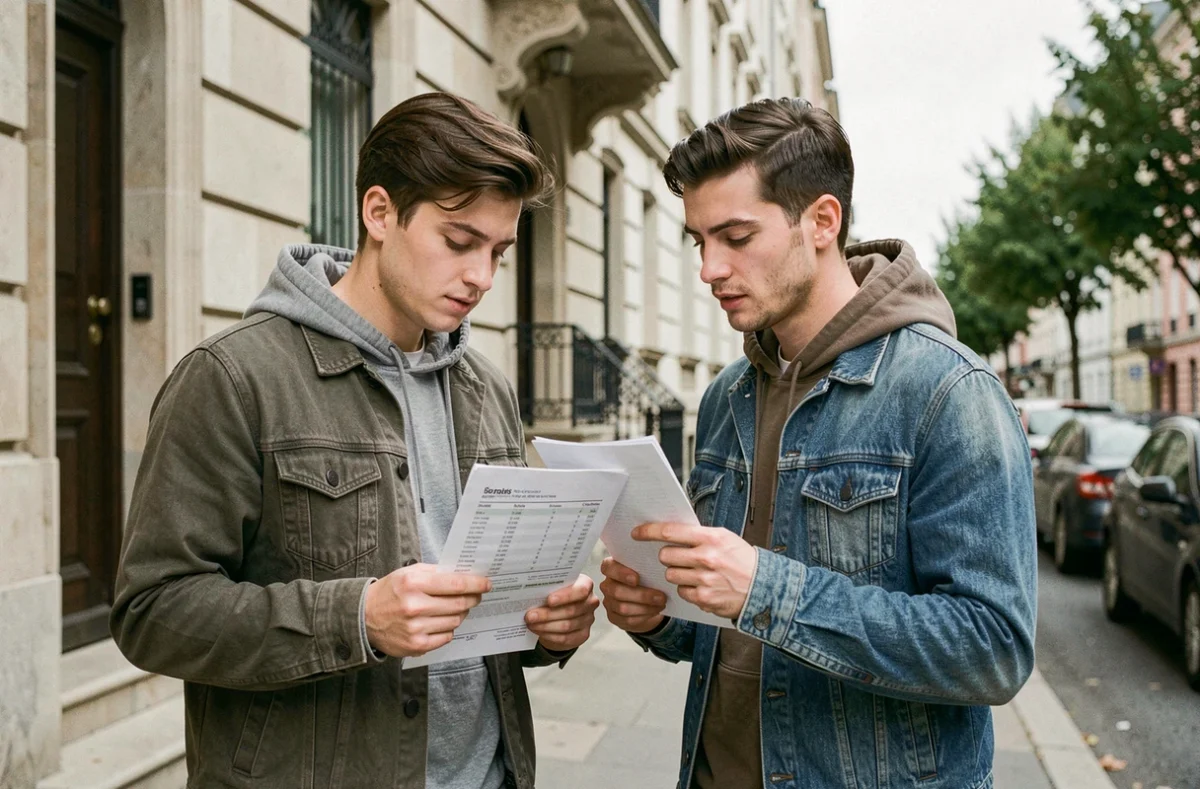 Couple comparant des offres de location pour éviter les frais d'agence élevés devant un immeuble