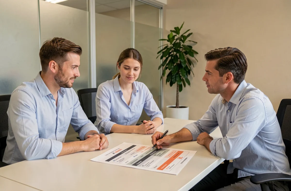 Couple en rendez-vous avec un conseiller pour calculer leur assurance de prêt immobilier