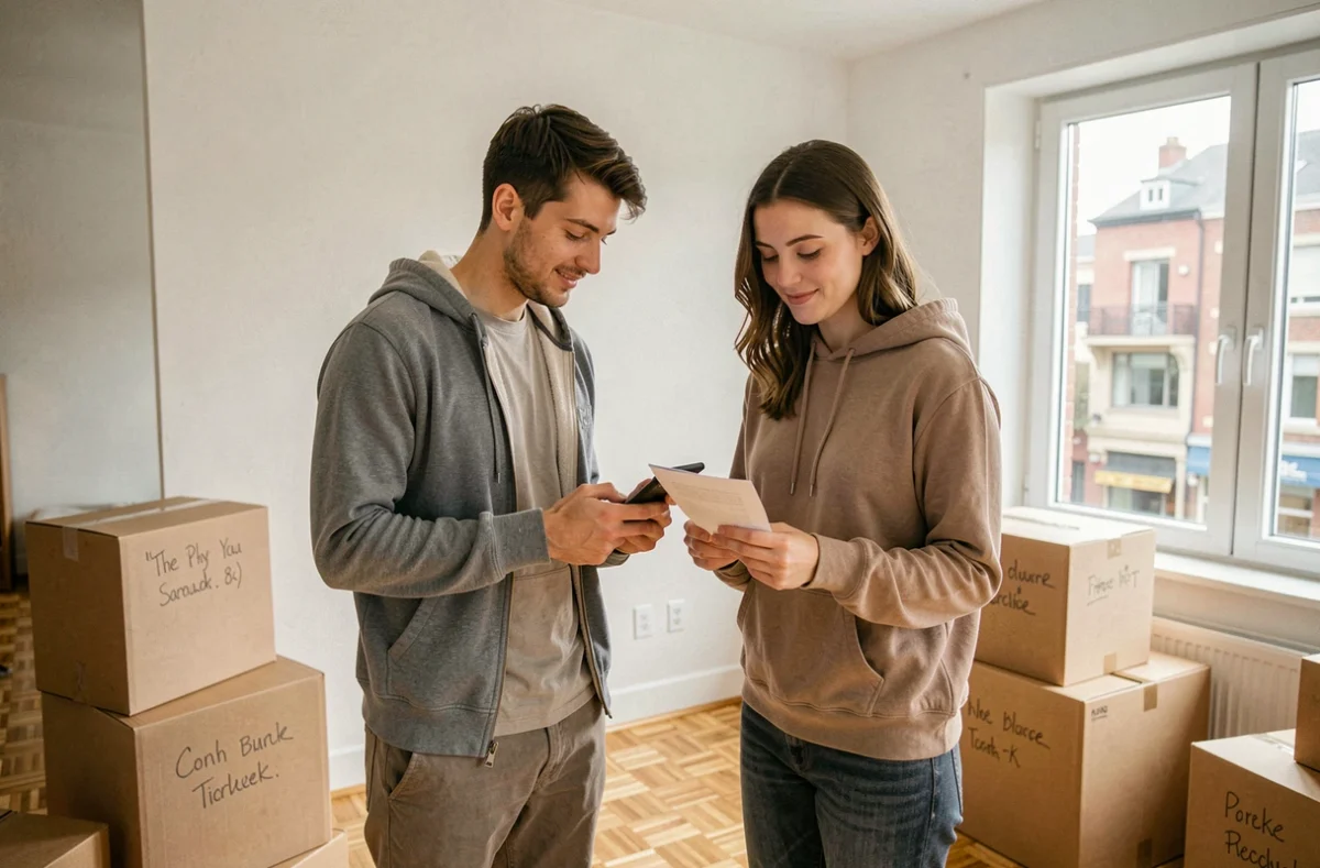 Couple consultant des documents administratifs liés à un déménagement et changement d'adresse dans un appartement