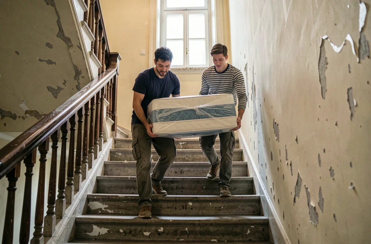 Couple portant un matelas dans un escalier lors d'un déménagement, illustrant les conditions d'accès aux aides au déménagement