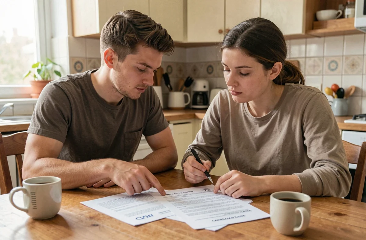 Jeune couple étudiant les documents de caution locative autour d'une table dans leur appartement
