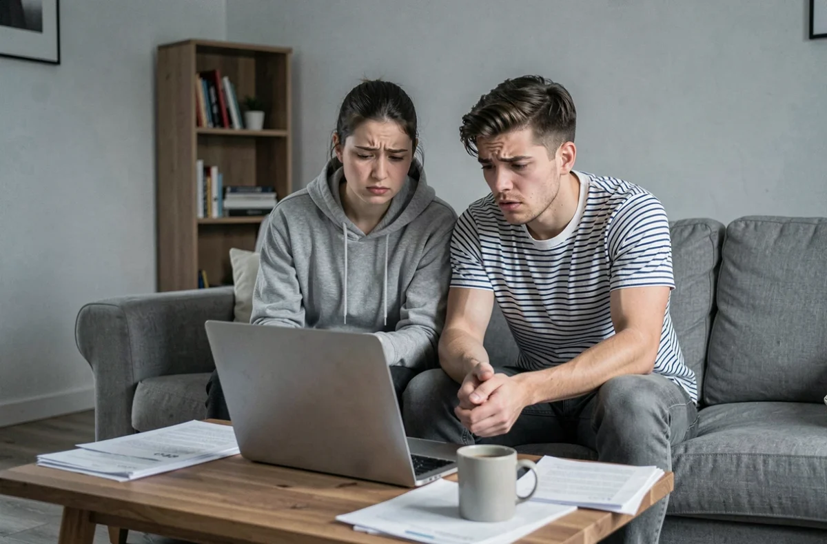Jeune couple de locataires consultant leur budget loyer sur un ordinateur, face à l'augmentation des loyers prévue en 2026