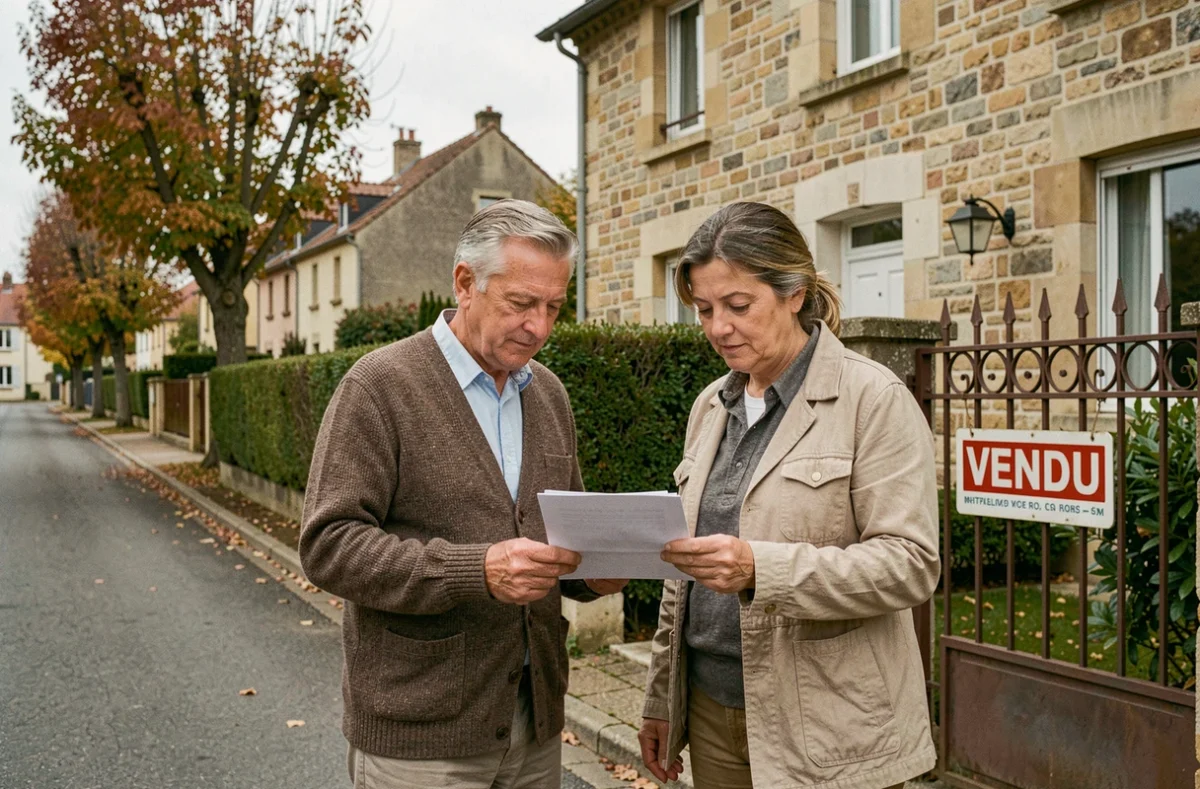 Couple devant une maison vendue tenant des documents de transaction immobilière et de plus-value