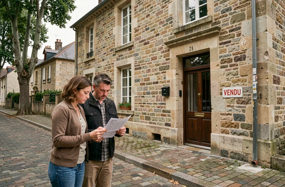 Couple devant une maison vendue consultant les documents de plus-value immobilière