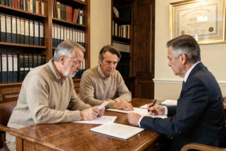 Un couple discute avec un notaire dans un bureau classique pour comprendre comment réduire les frais de notaire lors d'un achat immobilier