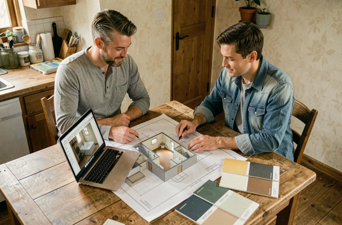 Couple planifiant l'ajout d'une deuxième toilette avec plans de rénovation et échantillons de carrelage sur une table de cuisine